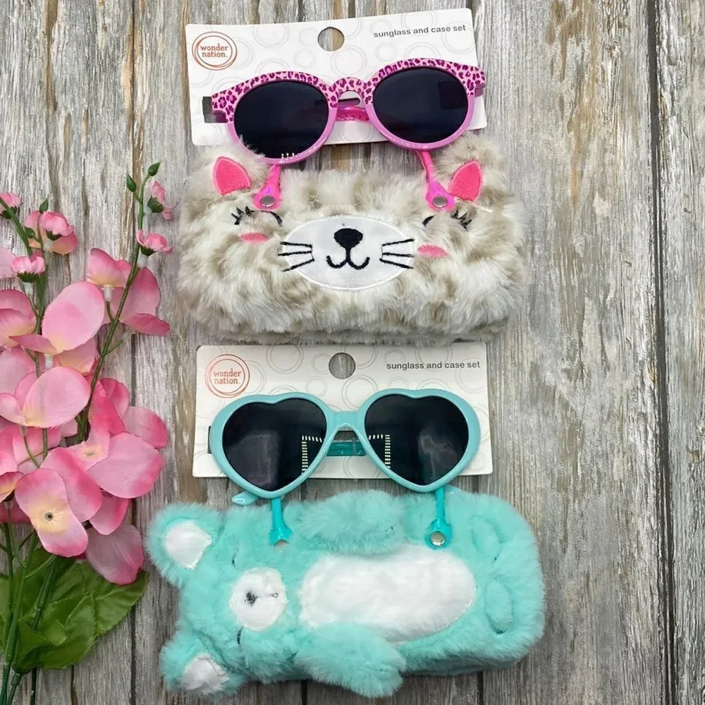 Girls Fun Summer Sunglasses With Kitty Cat & Bear Faux Fur Carrying Cases